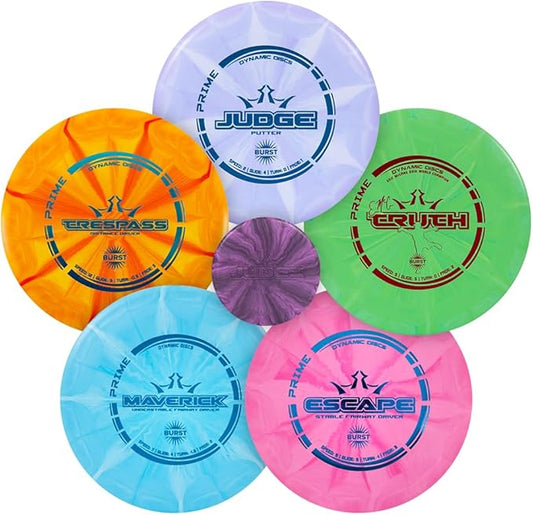 Dynamic Discs Prime Burst 5 Disc Golf Set | Includes Putter, Midrange, 2X Fairway & Driver + Mini Marker | Disc Golf Accessories for Beginners | 170-176g | Beginner Pack for Amateurs