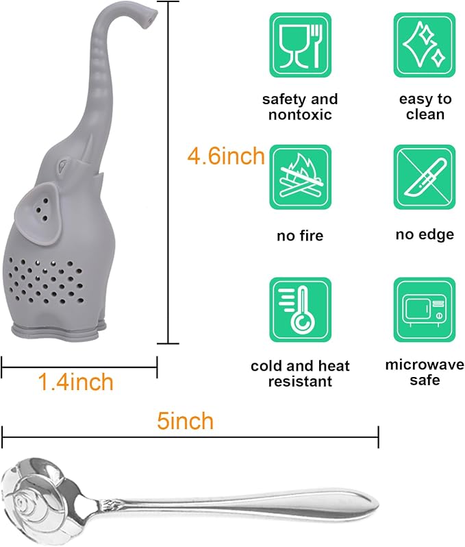 Numola Silicone Tea Infuser Set of 2, Cute Elephant Loose Leaf Tea Strainer with Stainless Steel Teaspoon, Reusable Tea Ball Filter for More Enjoyable Tea Times with Friends and Family