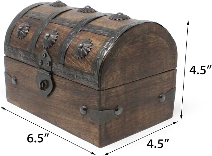 Treasure Chest Keepsake and Decorative Wood Box (Medium 6.5x4.5x4.5) - Storage Box, Wooden Box with Hinged Lid, Rustic Storage, Pirate Storage Box, Vintage Wooden Chest