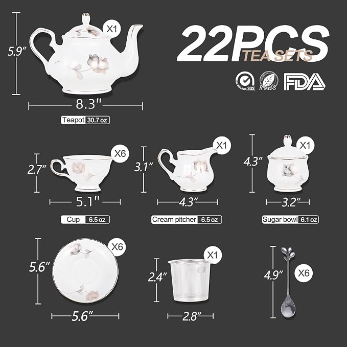CHENP.HMC Porcelain Ceramic 22-Piece Tea Set, Teapot and Cup Set, 30.7 Ounces, for 6, Gift Sets, Tea or Coffee Lovers, Wedding, Birthday