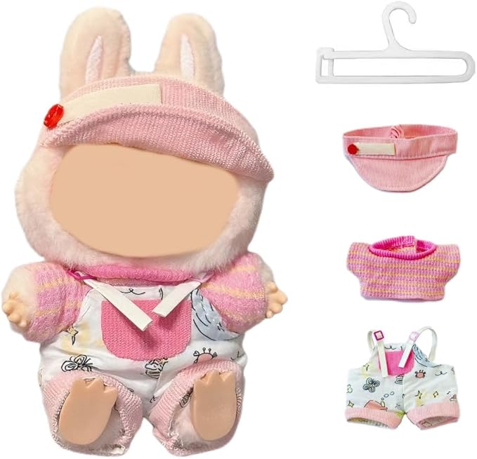 Doll Clothes Set for 15cm/17cm Dolls Outfit Accessories, Pink hat + Overalls + Yellow and Pink Short-Sleeved Knitted Sweater + Clothes Hanger, No Doll Included (NO Dolls)