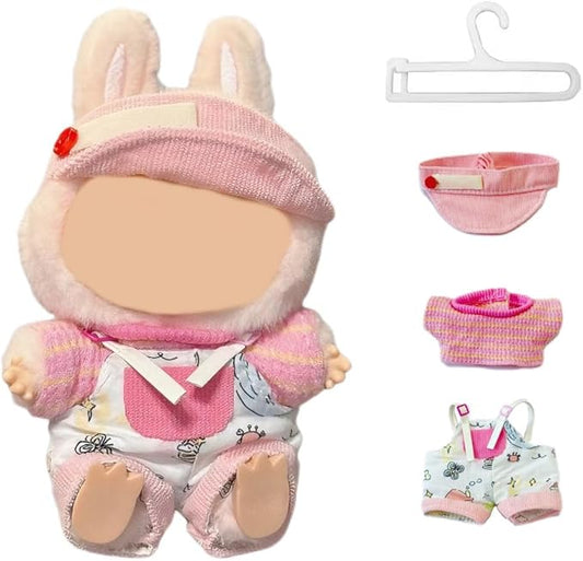 Doll Clothes Set for 15cm/17cm Dolls Outfit Accessories, Pink hat + Overalls + Yellow and Pink Short-Sleeved Knitted Sweater + Clothes Hanger, No Doll Included (NO Dolls)