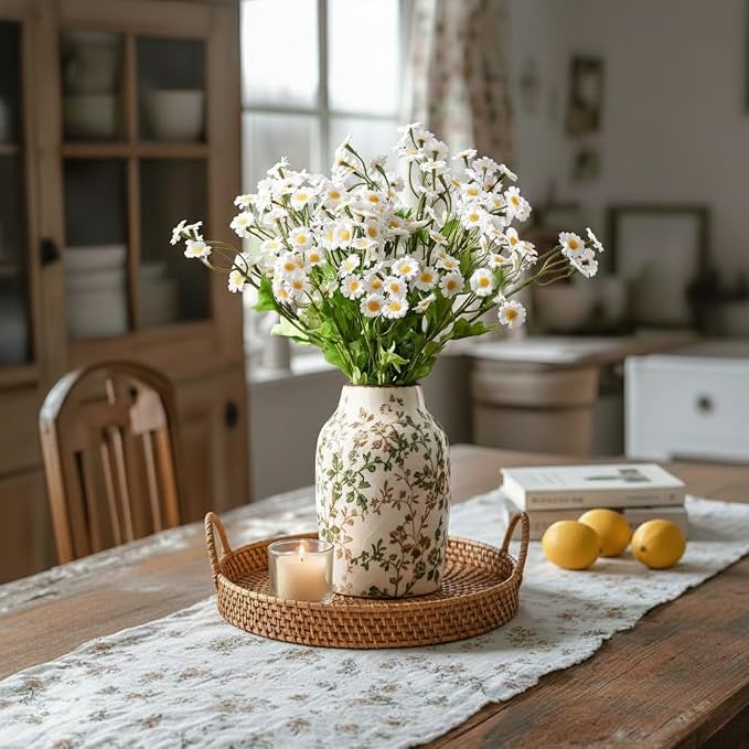 SIDUCAL Ceramic Green and Beige Antique Vase, 7 Inch Retro Ice Cracked Chinoiserie Floral Vase, Rustic Farmhouse Vases for Home Decor, Bookshelf, Office, Garden, Chinoiserie Decor, Tuscan Decor