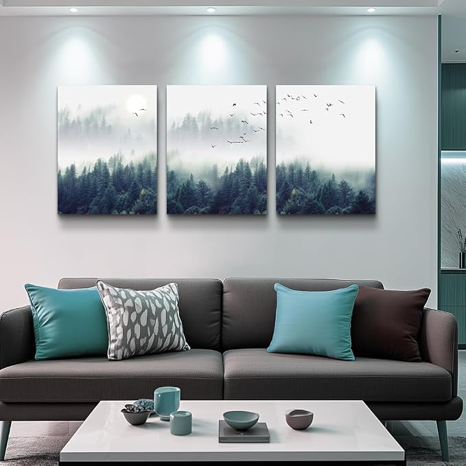 3 Piece Canvas Wall Art for Living Room - Misty Forests of Evergreen Coniferous Trees in an Ethereal Landscape - Modern Home Decor Stretched and Framed Ready to Hang - 16"x24"x3 Panels wall decor