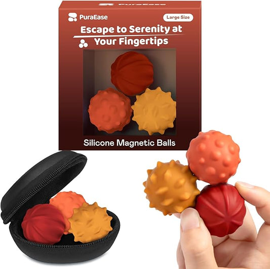Magnetic Sensory Fidget Balls – 3PC Large Weighted Textured Silicone Stress Relief Toys for Adults & Teens with ADHD, Autism, Anxiety – Quiet Fidget Magnets for Desk, Travel, Office & Gifting