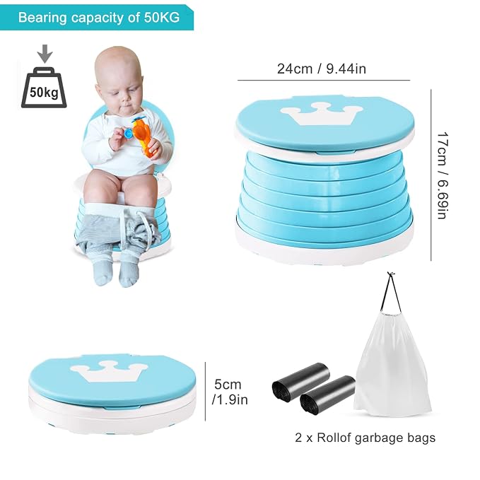 Travel Potty for Toddler, Portable and Foldable Toilet, Apply to Seat Emergency Toilet for Car, Camping, Outdoor, Indoor with 3 Rolls Bag（Light Blue)