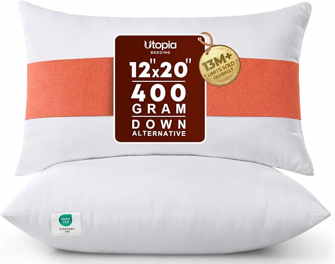Utopia Bedding 12x20 Pillow Inserts, White Throw Pillows for Couch, 2 Pack | 100% Virgin Filling, Indoor cushion inserts for bed, sofa & couch, Supportive & fluffy decorative pillows, Set of 2, White