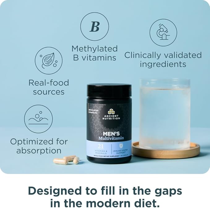 Ancient Nutrition Multivitamin for Men, Multi Men's, Methylated Vitamin D, C, E, B12, Zinc, Magnesium, Supports Healthy Immune System and Bone Health, 90 Ct