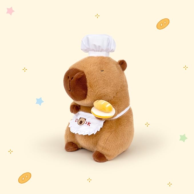 13" Capybara Stuffed Animal Wear Chef Hat Holding a Bread Cute Stuffed Capybara Plush Toy Gifts for Kids Boys Girls