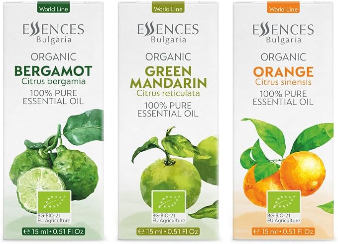 Citrus Set Organic Essential Oils |1.52 Fl Oz | Orange + Green Mandarin + Bergamot | 100% Pure and Natural | Undiluted | Therapeutic Grade | Non-GMO | (3 pcs x 15 ml)