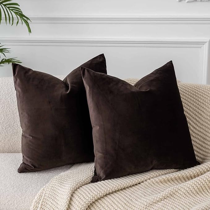Throw Pillow Covers Set of 2 for Couch Velvet Cushion Cover 14x14,Coffee | Decorative Pillow Covers with Invisible Zipper for Couch Sofa Bed Living Room Bedroom Home Decor