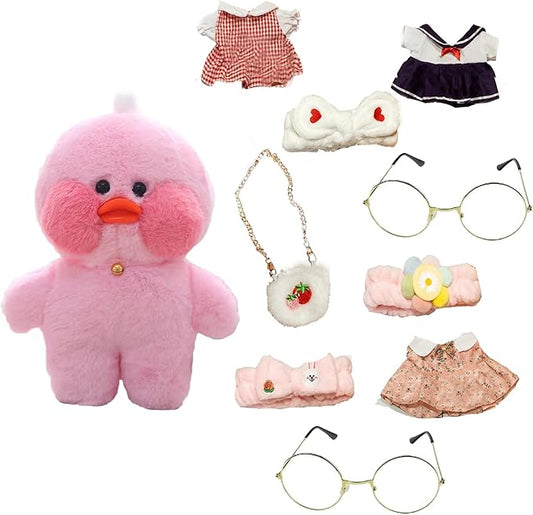Duck Stuffed Animal Toy with 9 Outfits and Accessories to Match DIY Dress Up Clothes for Duck Plush Toy for Kids（12inch） (Pink Duck)