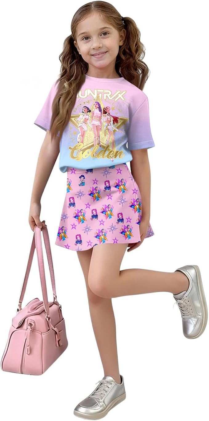 HTHLVMD K Pop Short Sleeve T-Shirt and Skirts Outfits Set for Girls Hunters Rumi Mira Zoey Graphic Tees De-Mon Costume