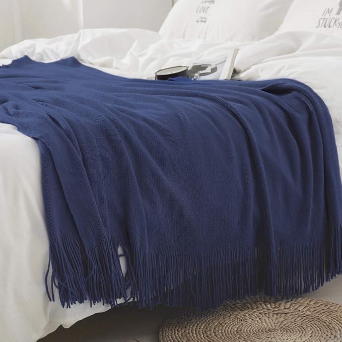 Homiest Navy Blue Knitted Throw Blanket with Fringe, 50x60 Inch | Pure Acrylic, Lightweight & Breathable, All-Season Use, Machine Washable, Wrinkle & Fade Resistant, for Couch Sofa And Bed