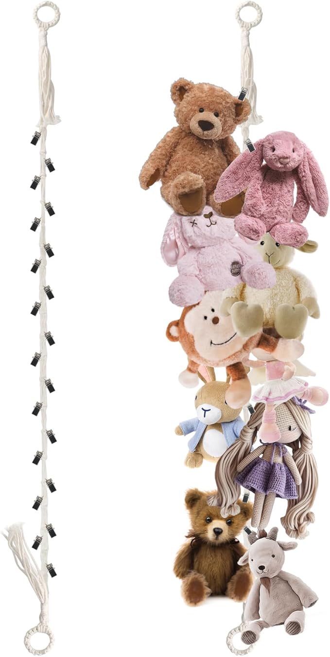 80" Beige Hanging Stuffed Animal Storage Chain, Munzong Cotton Stuffed Animal Display Holder Plush Qrganizer with 20 Metal Clips for Nursery Room Corner Wall Decor Play Room
