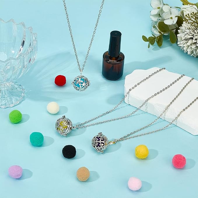 PH PandaHall 3pcs Essential Oil Diffuser Necklace, Aromatherapy Locket Pendant Scent Necklace with 10pcs Color Cotton Balls Platinum Flower Pendant Necklaces Chain for Men Women Jewelry Birthday Gifts