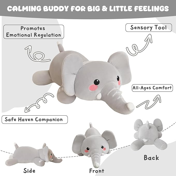 Weighted Stuffed Animals, 1.6 lbs Elephant Stuffed Animal with Weighted Beads, Cute Plush Toy Pillow Gifts for Adults Kids Boys Girls
