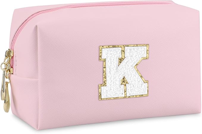 Initial Makeup Bag, Personalized Preppy Letter Monogram Cosmetic Bag | Waterproof PU Material, Compact Size, Large Capacity 7.09 x 2.95 x 3.94 in, Surprise Gift for Daughters and Teens