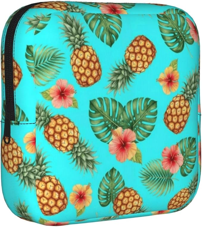 Ladies Sanitary Pad Storage Bag Exotic Tropical Flowers Leaves Watercolor Pineapple, Portable Polyester Period Pouch, Holds Tampons Panty Liners Menstrual Cup for Outdoor