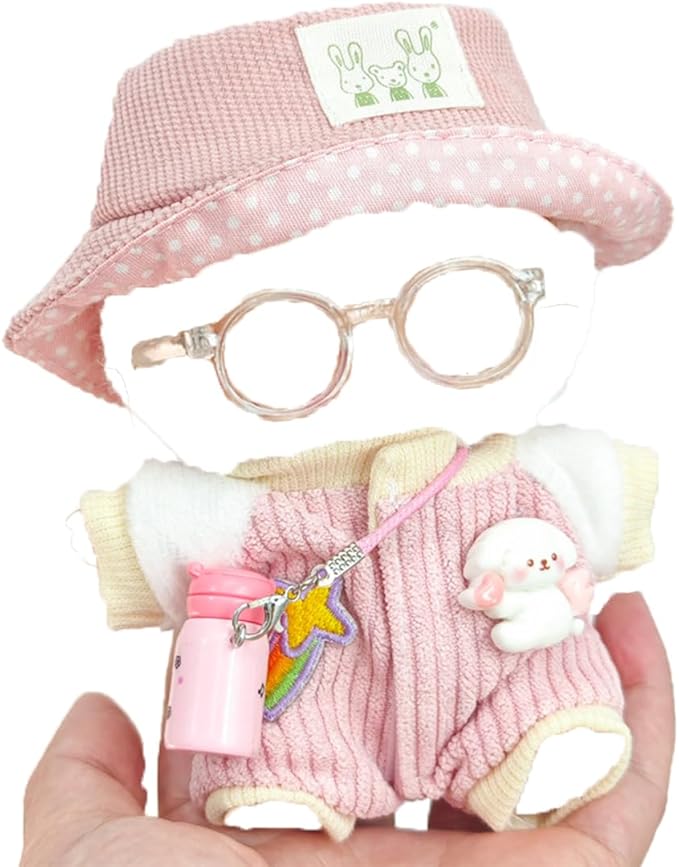 5 Set 17cm Doll Clothes -Clothes for Dolls Outfit - Accessories for 17cm Dolls Clothes +Light Pink Heart-Shaped Velvet hat + Small Camera + Glasses + Canvas Shoes, No Doll Included (Style I)