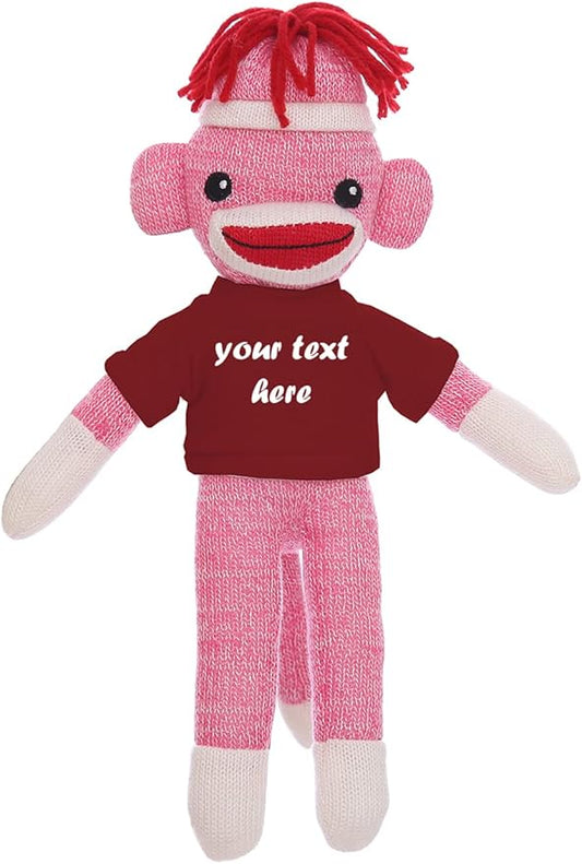 Huggable Pink Sock Monkey 8 Inch, Plush Stuffed Animal Personalized Gift-Custom Text on Shirt-Perfect for Halloween Day, Valentine's Day, Graduation Day, or Birthday Present (Maroon)