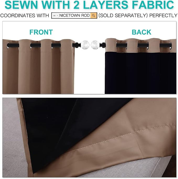 NICETOWN Warm Curtains for Winter, 100% Blackout Curtains Thermal, Noise Reduction and Privacy Curtains for Patio Door, Black Lined Blackout Drapes with Grommet Top, Cappuccino, 1 Pair, W62 x L84