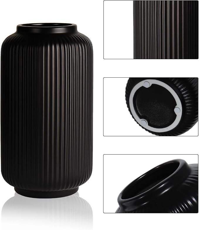 Black Ceramic Vase, 8 Inch Ribbed Flower Vase for Bouquet and Pampas Grass, Modern Wide Mouth Decorative Vase for Dining Table, Kitchen Shelf, Wedding Centerpiece