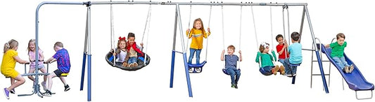 Fun Forever - 8 User Metal Swing Set with 6' Wave Slide and The Triple Fun-Go Round Add-On by XDP Recreation