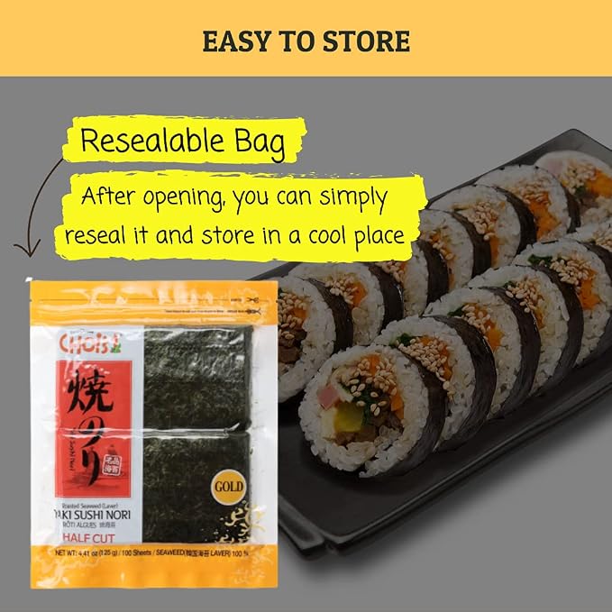 CHOI's 1(Daechun) Roasted Seaweed, GIM, Sushi Nori(100 Half Sheets)/ Resealable, Gold Grade/Product of Korea/Kimbap, Gimbap, Keto, Gluten Free, Full of Fiber, Vitamin, Mineral, High protein