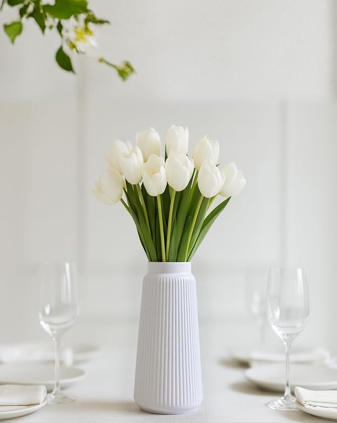 White Ceramic Vase, 8 Inch Conical Flower Vase with Narrow Mouth for Pampas Grass, Modern Tapered Decorative Vase for Home Decor, Living Room Table, Shelf