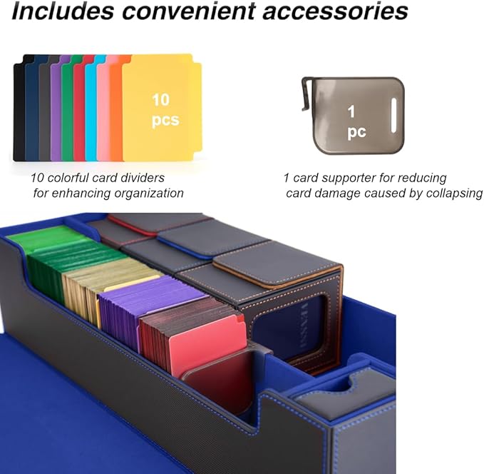 Venssu MTG Deck Box Holds 5 Display Card Deck Boxes with Playmat and Dice Box,Includes 10 colorful dividers and 1 card supporter, Trading Card Storage Box For Magic Game Cards(Black and Blue)