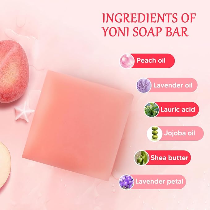 2 PCS Yoni Soap Bars for Women, Natural Feminine Wash Bar Soap for pH Balance & Daily Intimate Care, Gentle Cleansing with Freshness & Hydration, Handmade Peach Soap with Foaming Net 3.53 oz Each