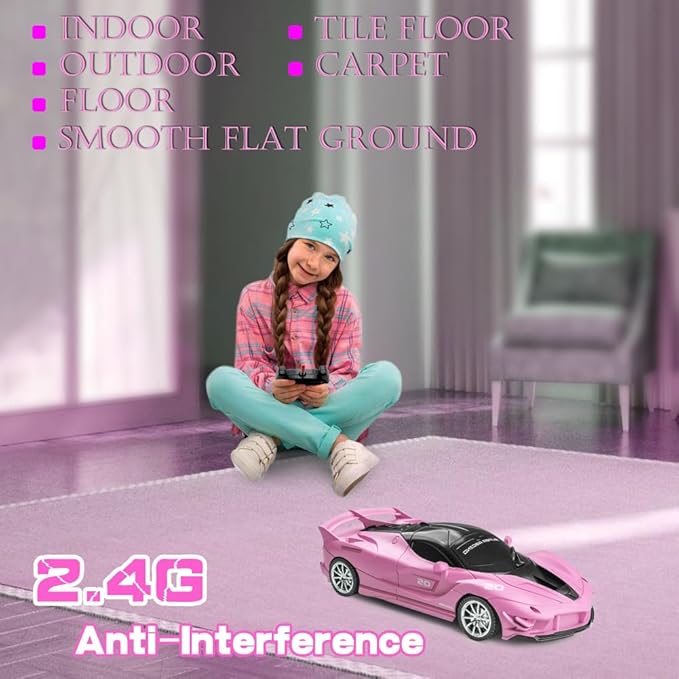 Remote Control Car, Pink RC Cars for Girls, Rechargeable RC Racing, Electric Power On Road High Speed Drift Model Vehicle Toy with Led Headlight, Birthday for Kids Age 3+