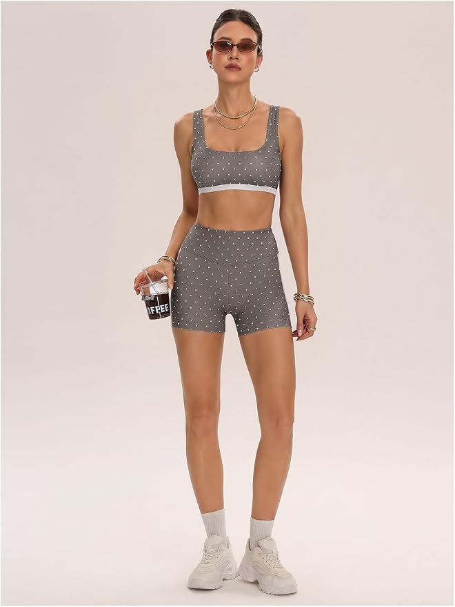 Milumia Women's Polka Dots Workout Set 2 Piece Color Block Bra Tank High Waisted Biker Shorts Layered Matching Yoga Outfit