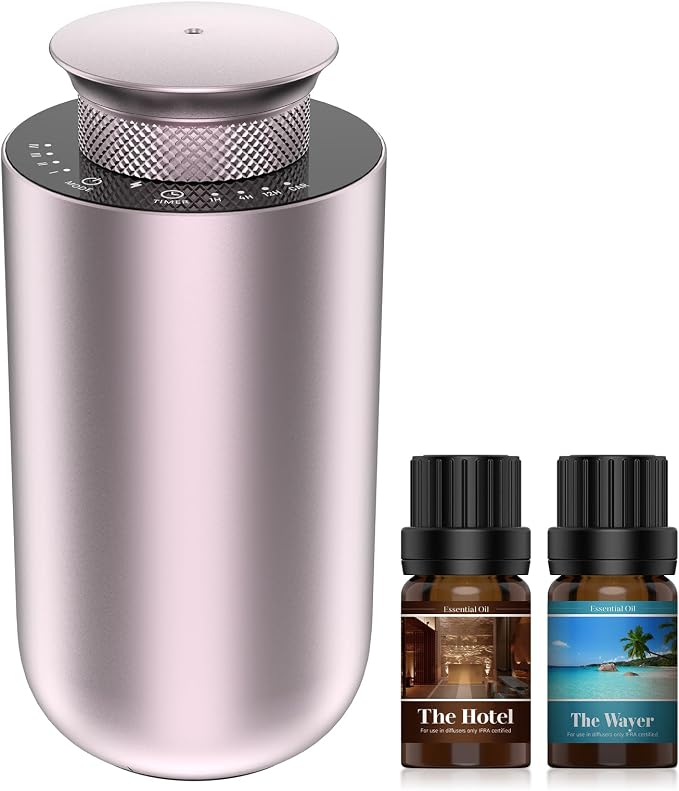2026 Upgraded Rechargeable Waterless Car Scent Diffuser Kit, Includes 2 Premium Oils, Auto On/Off, 4 Mist Levels & Timers, Portable Aromatherapy Diffuser for Hotel,Home,Room,Studio,Office - Rose Gold