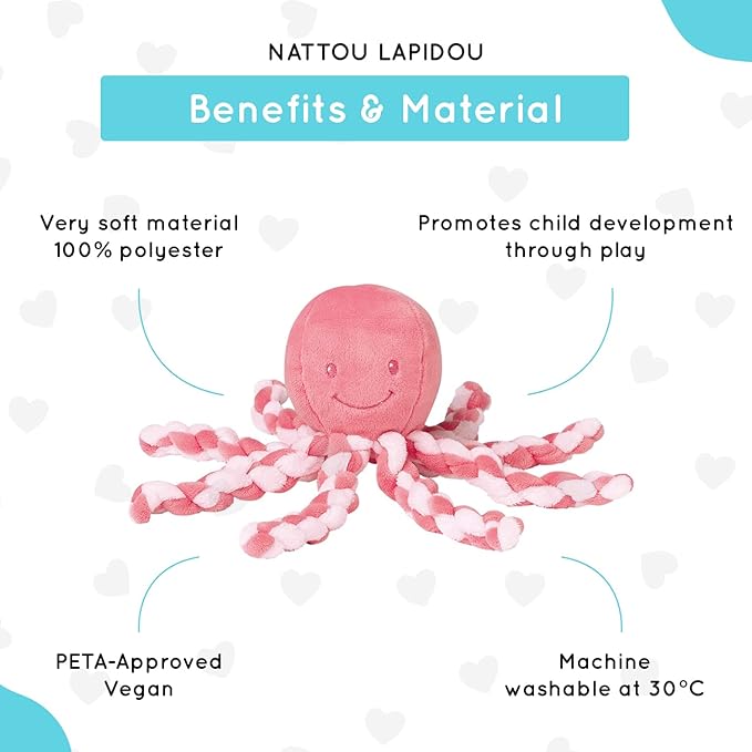 Nattou Octopus Soft Toy, for Newborns and Premature Babies, 23 cm, Pink, 878715