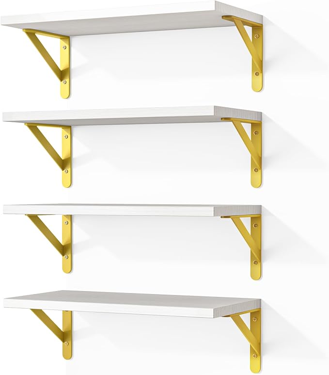 Fixwal White Shelves, Wood Wall Floating Mounted Shelves for Bedroom, Bathroom, Living Room, Kitchen Storage and Decor(White, Set of 4, 16.5 Inch)
