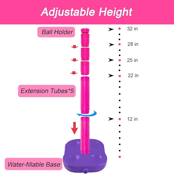 Liberry Adjustable T-Ball Set for Kids and Toddlers, Includes Kids Baseball Bat, Adjustable Height Tee Ball Stand, 4 Balls and Weighted Base, Sports Game Toy Gift for Boys Girls (Pink)