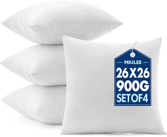 MIULEE 26x26 Euro Pillow Inserts 4 Pack, 100% Virgin Filling Throw Pillows | Decorative Pillows for Sofa Bed Couch, Firm and Full Pillows, Excellent Support, Soft Brushed Fabric