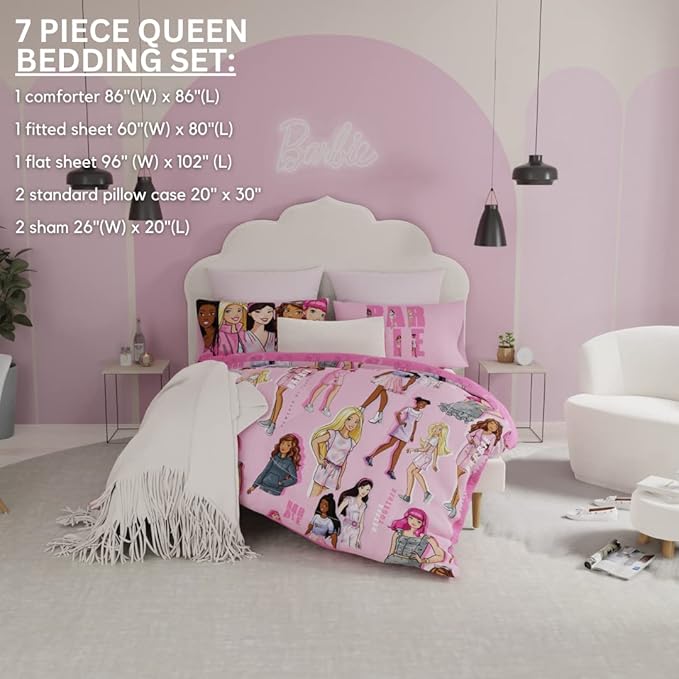 Franco Barbie Barbicore Bedding Super Soft Comforter and Sheet Set with Sham, 7 Piece Queen Size, (Official Licensed Product)