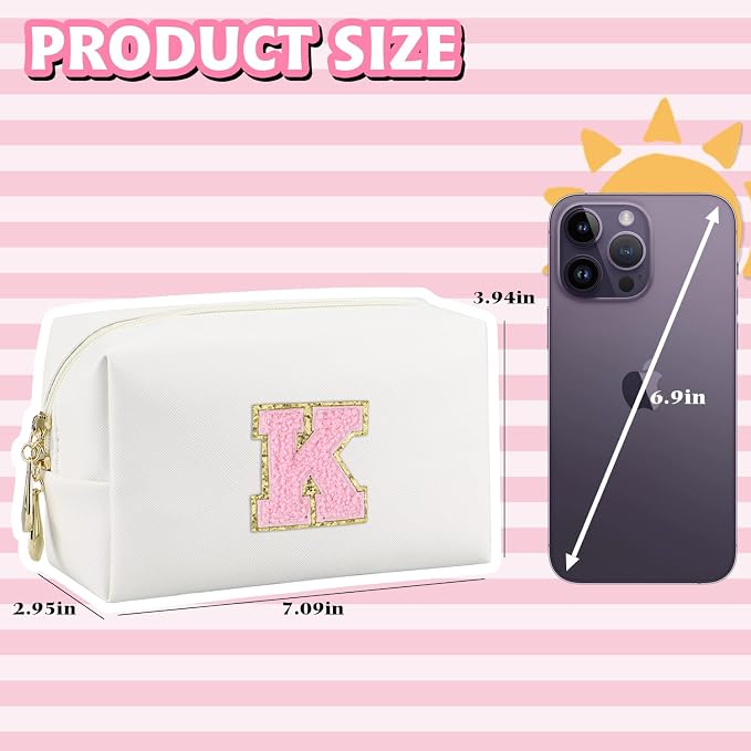 Initial Makeup Bag, Personalized Preppy Letter Monogram Cosmetic Bag | Waterproof PU Material, Compact Size, Large Capacity 7.09 x 2.95 x 3.94 in, Surprise Gift for Daughters and Teens