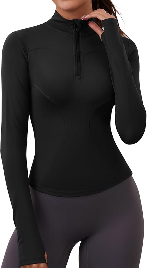 LOMON Womens Long Sleeve Workout Tops Quick Dry Quarter Zip Pullover Crop Yoga Athletic Slim Fit Shirts