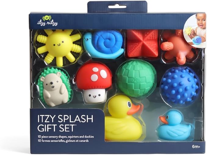 Itzy Ritzy 10-Piece Water Bath Toys Gift Set – Soft, Squeezable Multicolor Sensory Toy Set for Motor Skills, Imaginative Play, and Fun Bathtime Activities