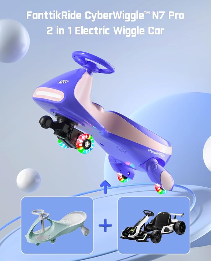 FanttikRide N7 Pro Electric Wiggle Car with Pedal, Rechargeable Battery, CyberWiggle, 2 in 1 Swing Car, 2 Speeds Max 4 Mph, Anti-Rollover, Flashing Wheels, Bluetooth, for Ages 3 and Up, 150 Lbs, Pink