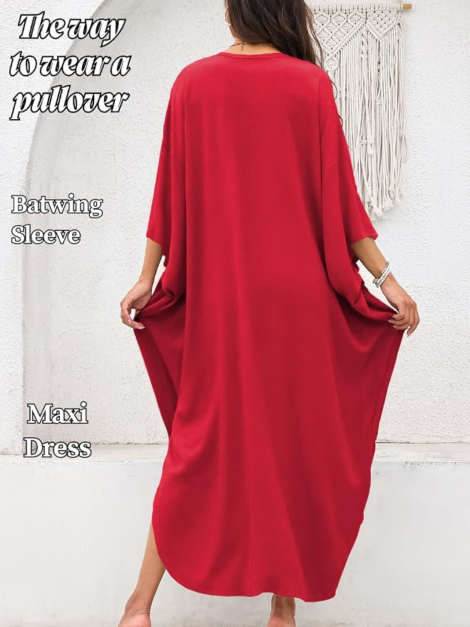 ChiaoLezhee Print Moo-Moos for Women, Kaftan Cover-Up Dresses, Sexy V-Neck High-Slit, Beach Pool-Party Coverups Muumuu Plus