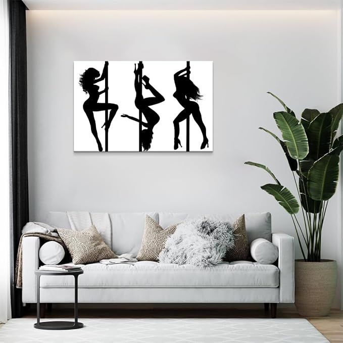 Yeesjoee Sexy Women Pole Dance Wall Art, Elegance Abstract Dancers Silhouette Black White Print, Modern Strength Picture Canvas Painting Living Room Bedroom Bathroom Office Home Decor, 24x36 in Framed
