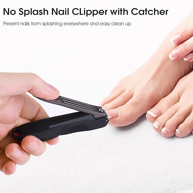 GLAMFIELDS Nail Clippers with No Splash Storage Box, Large Fingernail Toenail Clipper Detachable Easy Clean Nail Cutter Trimmer with Nail Files for Men & Women, Leather Case Packed Black (1 Pack)