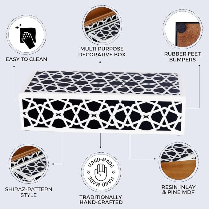 Handicrafts Home Decorative Storage Box with Lid, Black and White Moroccan Zellij Box, Coffee Table Remote Organizer, Geometric Keepsake Box for Living Room, Shelf & Hallway Decor, Zellij 10x4.5x2.5