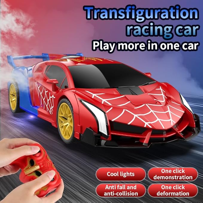 Blackma Remote Control Car - Transform, One-Button Deformation & 360°Rotating Drifting, Transform Robot RC Car with LED Light, Toy Gifts for 4 5 6 7 8 9 10 11 12 Years Old Boy (Red & Blue)
