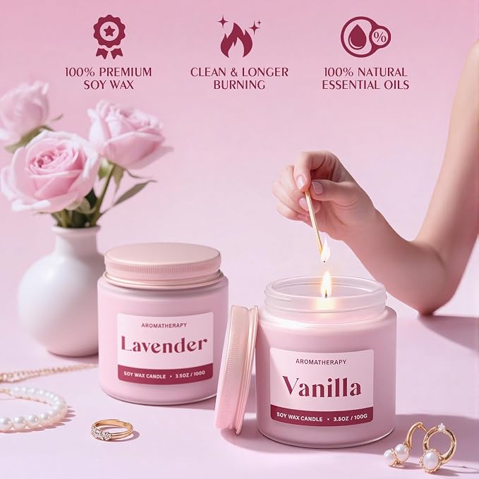 Scented Candles for Women, Soy Candles for Home Scented, Candle Gift Set with Lavender & Vanilla Scents, 2 Pack Aromatherapy Candle for Relaxing, Stress Relief & Home Decor